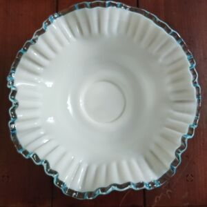 White Ruffled Glass Bowl with Blue Trim